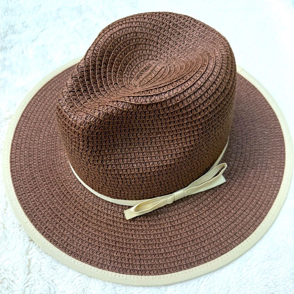 Fedora Style Brown Cream Woven Adjustable Band Sun Hat